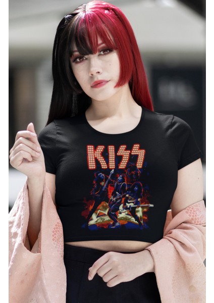 Kiss Baskılı Crop Top, Kadın Rock Temalı Crop Bluz fiyatları