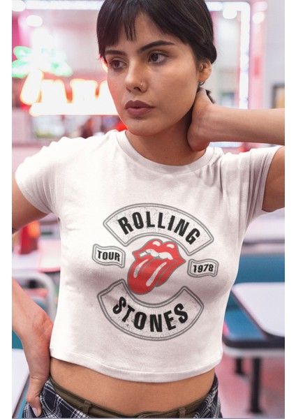 Fuddy Moda The Rolling Stones Baskılı Crop Top, Kadın Rock Temalı Crop Bluz