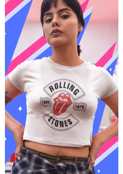 Fuddy Moda The Rolling Stones Baskılı Crop Top, Kadın Rock Temalı Crop Bluz