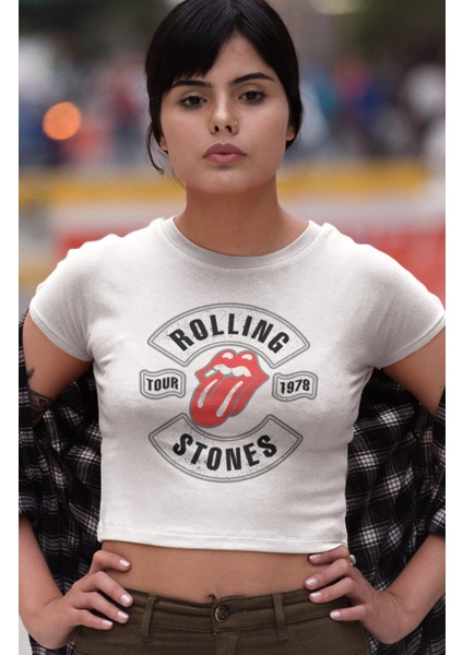 Fuddy Moda The Rolling Stones Baskılı Crop Top, Kadın Rock Temalı Crop Bluz