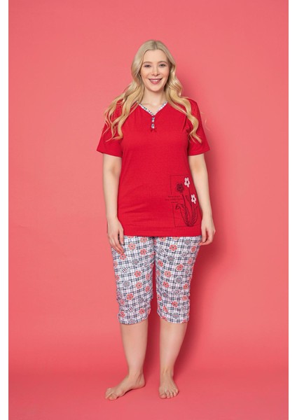 X-Dreamy Büyük Beden Pamuklu Desenli Düğmeli Yaka Kapri Pijama Takımı