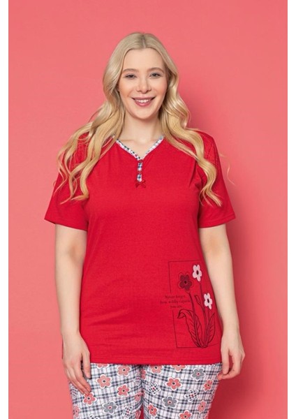 X-Dreamy Büyük Beden Pamuklu Desenli Düğmeli Yaka Kapri Pijama Takımı