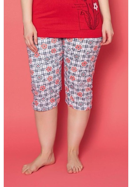 X-Dreamy Büyük Beden Pamuklu Desenli Düğmeli Yaka Kapri Pijama Takımı