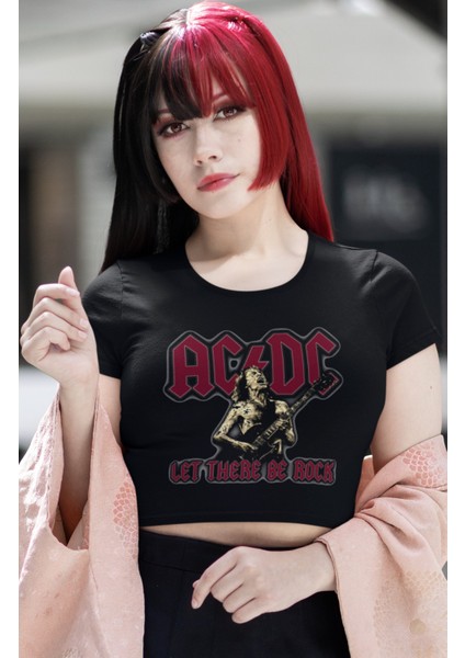 Fuddy Moda Ac Dc Let There Be Rock Baskılı Crop Top, Kadın Rock Temalı Crop Bluz