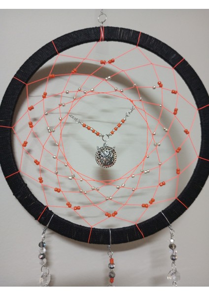 Baykuş Objeli Siyah Turuncu Dekoratif Kristal Taşlı Dreamcather Suncather