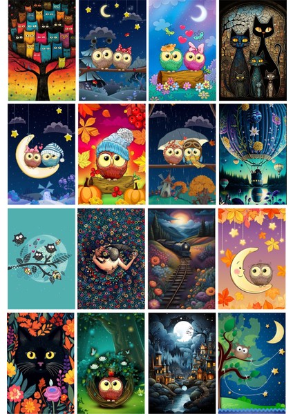 Baykuş ve Kediler Temalı Kartpostal Seti (10X15 cm 16 Adet)