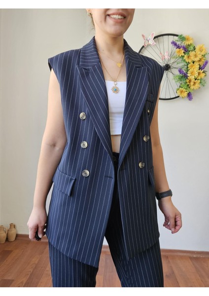 Lacivert Premium Boy Fit Kadın Pantolon Kolsuz Ceket Yelek Takımı Atlas Kumaş