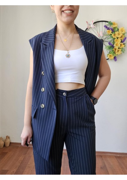 Lacivert Premium Boy Fit Kadın Pantolon Kolsuz Ceket Yelek Takımı Atlas Kumaş fiyatları