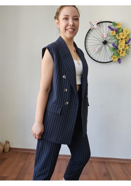 Lacivert Premium Boy Fit Kadın Pantolon Kolsuz Ceket Yelek Takımı Atlas Kumaş indirimleri
