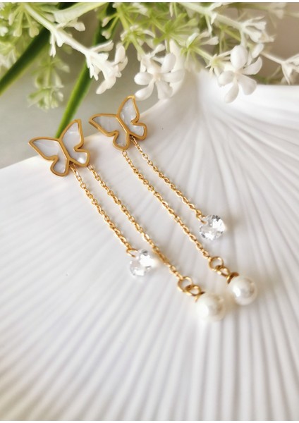 Paslanmaz Çelik Sedefli Kelebek Kadın Sallantılı Küpe