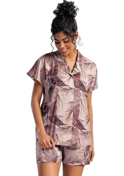 Kadın Saten Tamamı Düğmeli Kısa Kol Şortlu Pijama Takım , 161698
