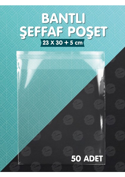 Bantlı Şeffaf Poşet (23X30+5CM) 50 Adet Parlak Jelatin Paket Hediye Poşeti -T956