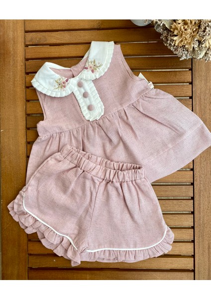Babyaden Yakası Nakışlı Keten Fırfırlı Şortu Alt Üst Kız Bebek Takım