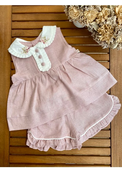 Babyaden Yakası Nakışlı Keten Fırfırlı Şortu Alt Üst Kız Bebek Takım modelleri