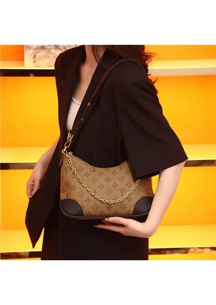 Kahverengi ve Sarı Ellovado Monogram Desen Lüks Omuz Çantası Kadınlar Için Yüksek Kaliteli Crossbody Çanta Zincir Koltuk Altı Hilal Çanta Çantalar Çanta (Yurt Dışından) indirimleri
