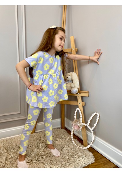 Babyaden Sarı Kelebekli / Lila Çiçekli Pamuklu Taytlı Alt Üst Kız Çocuk Bebek Takım