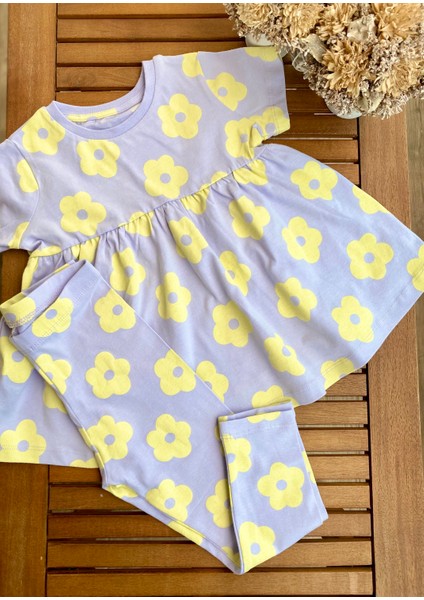 Babyaden Sarı Kelebekli / Lila Çiçekli Pamuklu Taytlı Alt Üst Kız Çocuk Bebek Takım
