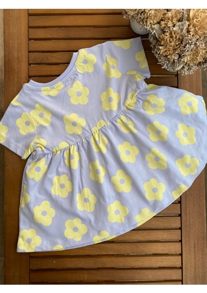 Babyaden Sarı Kelebekli / Lila Çiçekli Pamuklu Taytlı Alt Üst Kız Çocuk Bebek Takım