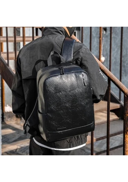 Siyah-Pu 15 Inç 1 Paket 15.6 Inç Erkek Iş Basit Bilgisayar Sırt Çantası USB Şarjı Hafif Okul Çantası Seyahat Işe Gidiş (Yurt Dışından)