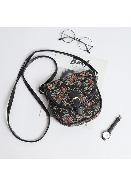 Siyah Hylhexyr Omuz Çantası Edebi Eyer Çantası Retro Çiçek Pamuk Keten Kanvas Tote Kadın Küçük Crossbody Çanta (Yurt Dışından)