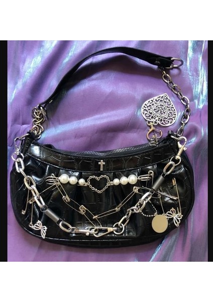 Siyah Harajuku Gotik Omuz Çantası Kadın Y2K Kız Vintage Çapraz Klip Inci Zincir Goth Çanta Pileli Köfte Çanta Kadın Debriyaj Tote (Yurt Dışından)