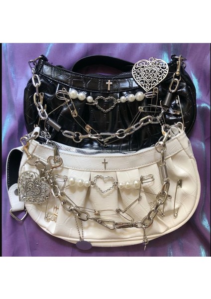 Siyah Harajuku Gotik Omuz Çantası Kadın Y2K Kız Vintage Çapraz Klip Inci Zincir Goth Çanta Pileli Köfte Çanta Kadın Debriyaj Tote (Yurt Dışından) fiyatları