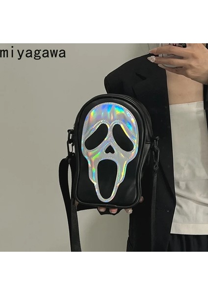 Lazer Mavi 17 8 23 cm Miyagawa Çapraz Vücut Çanta Erkekler ve Kadınlar Için Kore Versiyonu Niş Komik Lazer Hayalet Kafatası Tek Omuz Telefon Küçük Çantalar (Yurt Dışından)