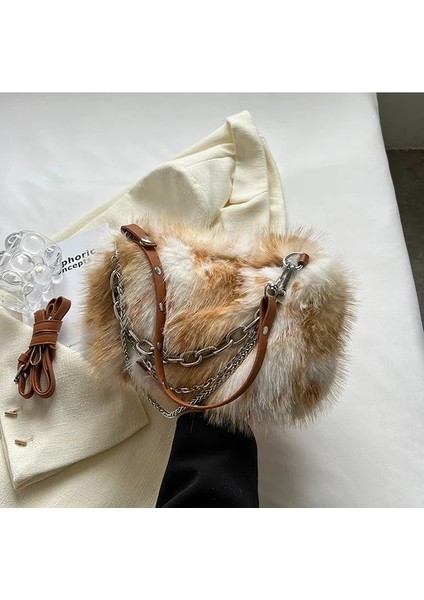 Kahverengi 26X15X12CM Ünlü Marka Tasarım Çanta Kadınlar Için 2023 Lüks Bolso Çoğaltma Moda Retro Çanta Kadın Sahte Kürk Zincir Çanta Alışveriş Kovası Çanta (Yurt Dışından)