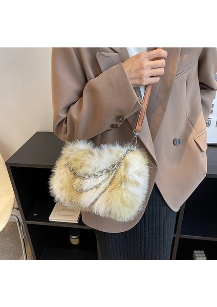 Kahverengi 26X15X12CM Ünlü Marka Tasarım Çanta Kadınlar Için 2023 Lüks Bolso Çoğaltma Moda Retro Çanta Kadın Sahte Kürk Zincir Çanta Alışveriş Kovası Çanta (Yurt Dışından)