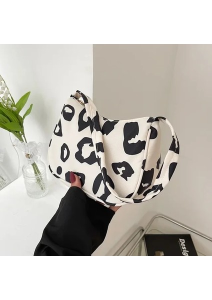 Beyaz 2023 Yeni Baskılı Leopar Moda Kanvas Yüksek Kapasiteli Omuz Çantası Kore Sokak Trendi Çanta Kadın Çantalar ve Çanta Kesesi (Yurt Dışından)