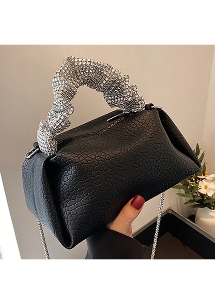 Siyah (14CM-24CM-15CM) Kadın Çanta ve Çanta Balo Debriyaj Tasarımcısı Boston Çanta 2023 Marka Kova Çantalar Glitter Kristal Omuz Çantası Zincir Crossbody Çanta (Yurt Dışından)