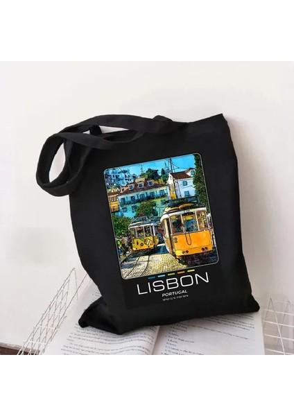 Lizbon Portekiz 35X40 cm Boston Dublin Kiev Atina Kadın Kanvas Siyah Omuz Çantaları Harajuku Çanta Tote Eko Yeniden Kullanılabilir Pamuk Katlanabilir Alışveriş Çantaları (Yurt Dışından)