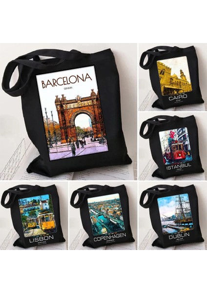 Lizbon Portekiz 35X40 cm Boston Dublin Kiev Atina Kadın Kanvas Siyah Omuz Çantaları Harajuku Çanta Tote Eko Yeniden Kullanılabilir Pamuk Katlanabilir Alışveriş Çantaları (Yurt Dışından) fiyatları