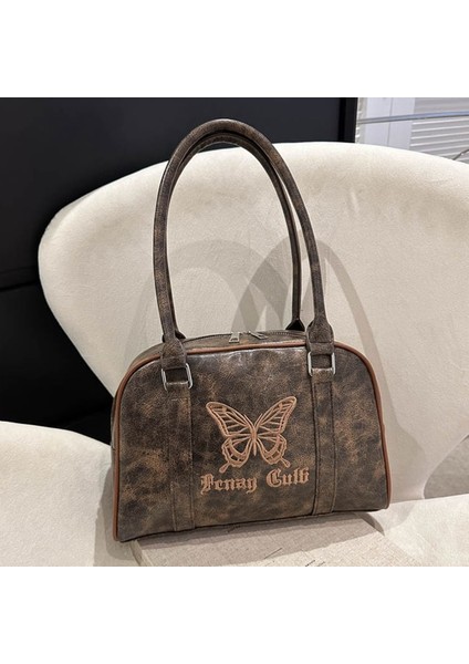 Kahverengi Kadın Fermuar Omuz Çantası Hafif Üst Kolu Çanta Işlemeli Kelebek Retro Tote Çanta Satchel Hobo Çanta Kız Şık Çanta (Yurt Dışından)