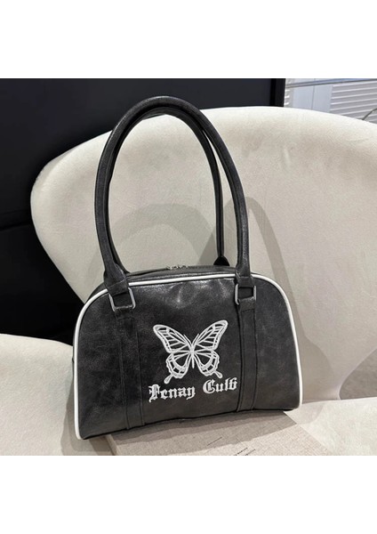 Kahverengi Kadın Fermuar Omuz Çantası Hafif Üst Kolu Çanta Işlemeli Kelebek Retro Tote Çanta Satchel Hobo Çanta Kız Şık Çanta (Yurt Dışından)