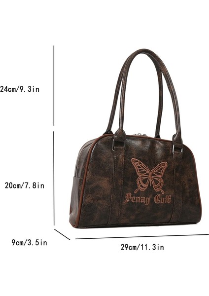 Kahverengi Kadın Fermuar Omuz Çantası Hafif Üst Kolu Çanta Işlemeli Kelebek Retro Tote Çanta Satchel Hobo Çanta Kız Şık Çanta (Yurt Dışından)