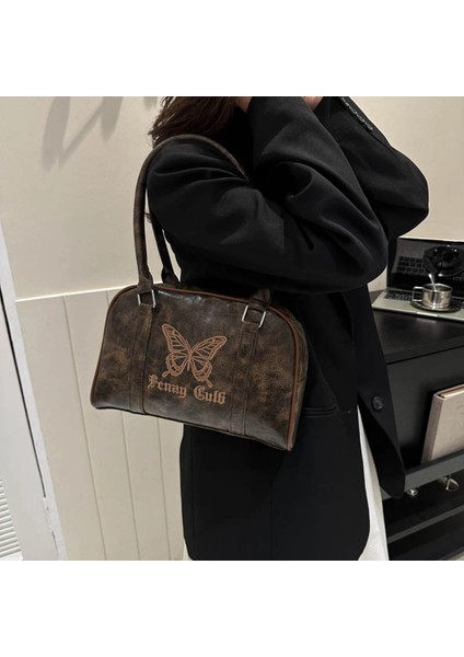 Kahverengi Kadın Fermuar Omuz Çantası Hafif Üst Kolu Çanta Işlemeli Kelebek Retro Tote Çanta Satchel Hobo Çanta Kız Şık Çanta (Yurt Dışından)