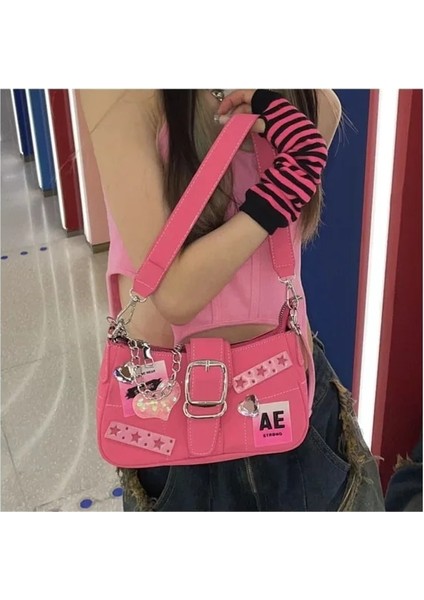 Pembe 23X5X13CM Y2K Pembe Omuz Çantası Kadınlar Için Zincir Tasarımcısı Küçük Kare Çanta Serin Kız Sling Çanta Kalp Deco Mini Çanta Koltukaltı Moda (Yurt Dışından)