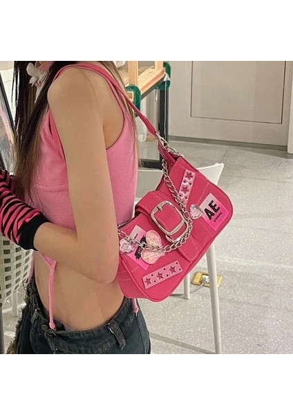 Pembe 23X5X13CM Y2K Pembe Omuz Çantası Kadınlar Için Zincir Tasarımcısı Küçük Kare Çanta Serin Kız Sling Çanta Kalp Deco Mini Çanta Koltukaltı Moda (Yurt Dışından) modelleri