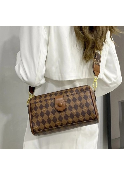 Haki Ellovado Moda Geniş Bant Kadın Çantası Rahat Banliyö Crossbody Çanta Bağbozumu Baskılı Omuz Çantası Ekose Monogram Boston Çanta (Yurt Dışından) fiyatları