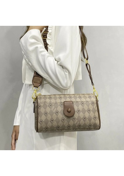 Haki Ellovado Moda Geniş Bant Kadın Çantası Rahat Banliyö Crossbody Çanta Bağbozumu Baskılı Omuz Çantası Ekose Monogram Boston Çanta (Yurt Dışından) modelleri