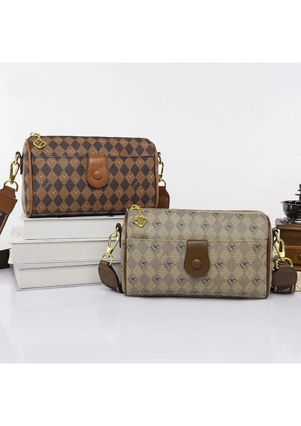 Haki Ellovado Moda Geniş Bant Kadın Çantası Rahat Banliyö Crossbody Çanta Bağbozumu Baskılı Omuz Çantası Ekose Monogram Boston Çanta (Yurt Dışından) fırsatları