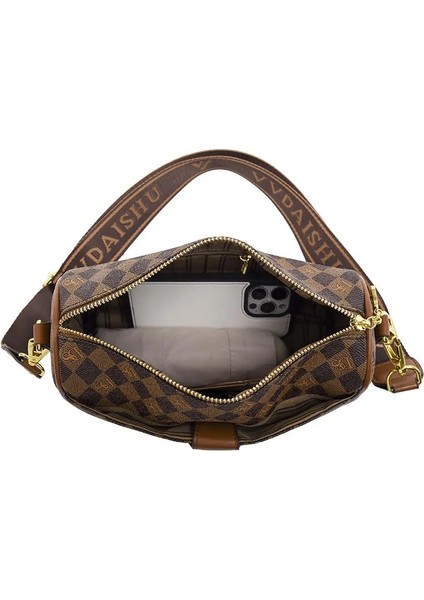 Haki Ellovado Moda Geniş Bant Kadın Çantası Rahat Banliyö Crossbody Çanta Bağbozumu Baskılı Omuz Çantası Ekose Monogram Boston Çanta (Yurt Dışından) indirimleri