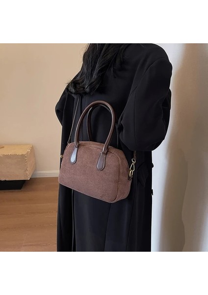 Kahve Kadın Süet Moda Üst Kolu Çanta Lüks Katı Tasarımcı Tek Kollu Çanta Retro Shopper Çantalar Büyük Şık Crossbody Çanta Vintage Çanta (Yurt Dışından)