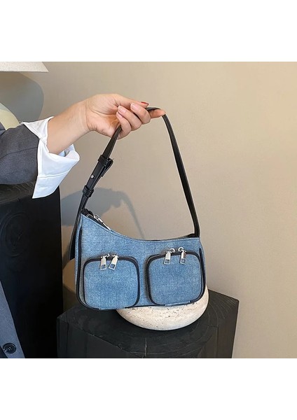 Mavi Çanta 24X18X6CM 2023 Yeni Denim Cep Kadın Çantası Yüksek Kaliteli Omuz Çantası Sevimli Cüzdan ve Çanta Tasarımcısı Çift Cep Kadın Çantası (Yurt Dışından) fiyatları
