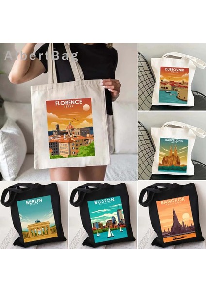 219 35X40CM Şehir Baskı Tote Çanta Barcelona Berlin Edinburgh Havana Houston Florence Türkiye Hamburg Honolulu Hawaii Bangkok Boston Eco Çanta (Yurt Dışından)