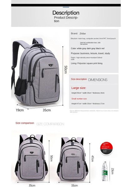 Açık Gri 18 Inç Erkek Oxford Su Geçirmez Sırt Çantası Şarj Edilebilir USB Iş Bilgisayarı Çantası Rahat Sırt Çantası Kıdemli Lise Öğrencisi Schoolbag (Yurt Dışından) fırsatları