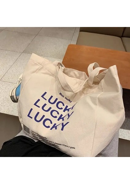 Şanslı Kadın Alfabe Kanvas Omuz Çantaları Kadın Rahat Mektup Baskılı Tote Çanta Büyük Kapasiteli Pamuklu Kumaş Alışveriş Okul Çantası (Yurt Dışından)