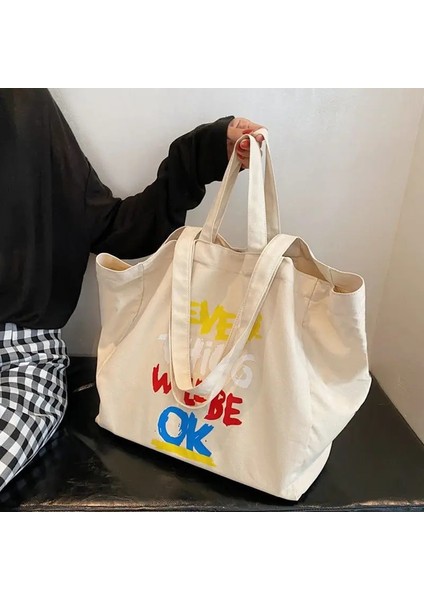Şanslı Kadın Alfabe Kanvas Omuz Çantaları Kadın Rahat Mektup Baskılı Tote Çanta Büyük Kapasiteli Pamuklu Kumaş Alışveriş Okul Çantası (Yurt Dışından) fırsatları