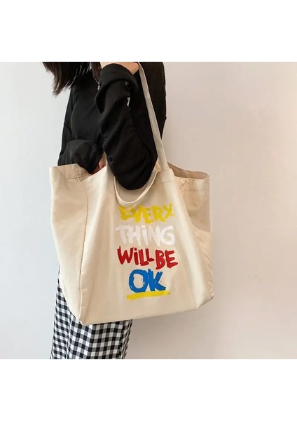 Şanslı Kadın Alfabe Kanvas Omuz Çantaları Kadın Rahat Mektup Baskılı Tote Çanta Büyük Kapasiteli Pamuklu Kumaş Alışveriş Okul Çantası (Yurt Dışından) indirimleri